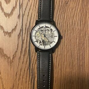 Kenneth Cole Black Leather Strap Skeleton Watch with Silver Dial